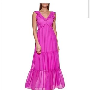 DKNY fuschia dress (ruffle trim, v-neck, tiered)
